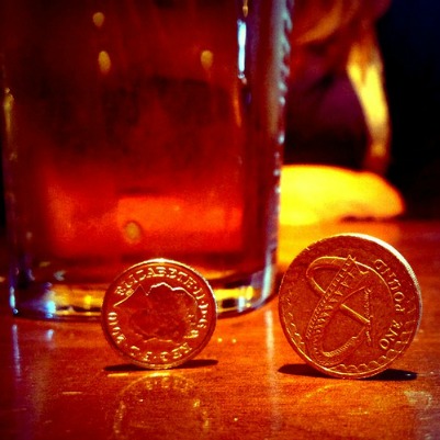 Some coins with a glass of beer