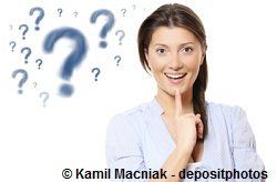 Girl thinking something with question marks at her back ground